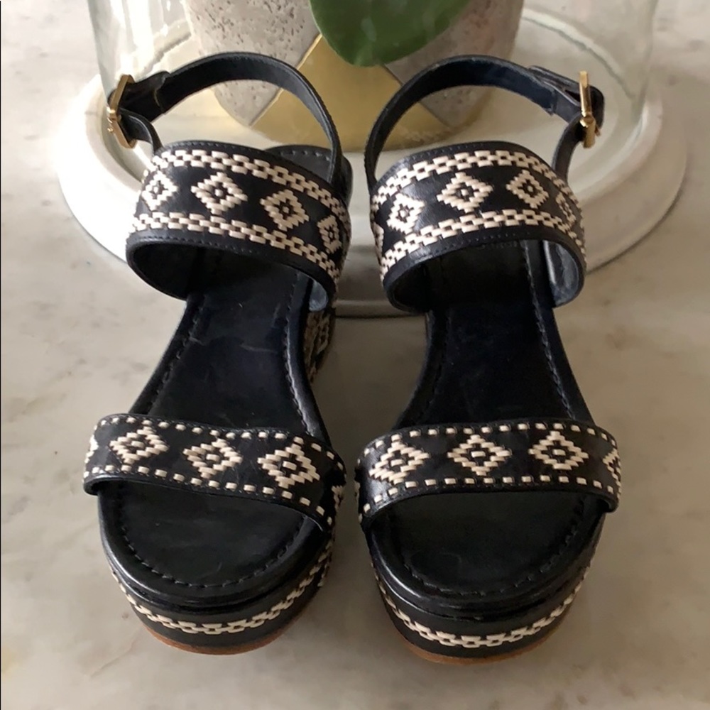 Tory Burch Black/Ivory Stitched Wedges